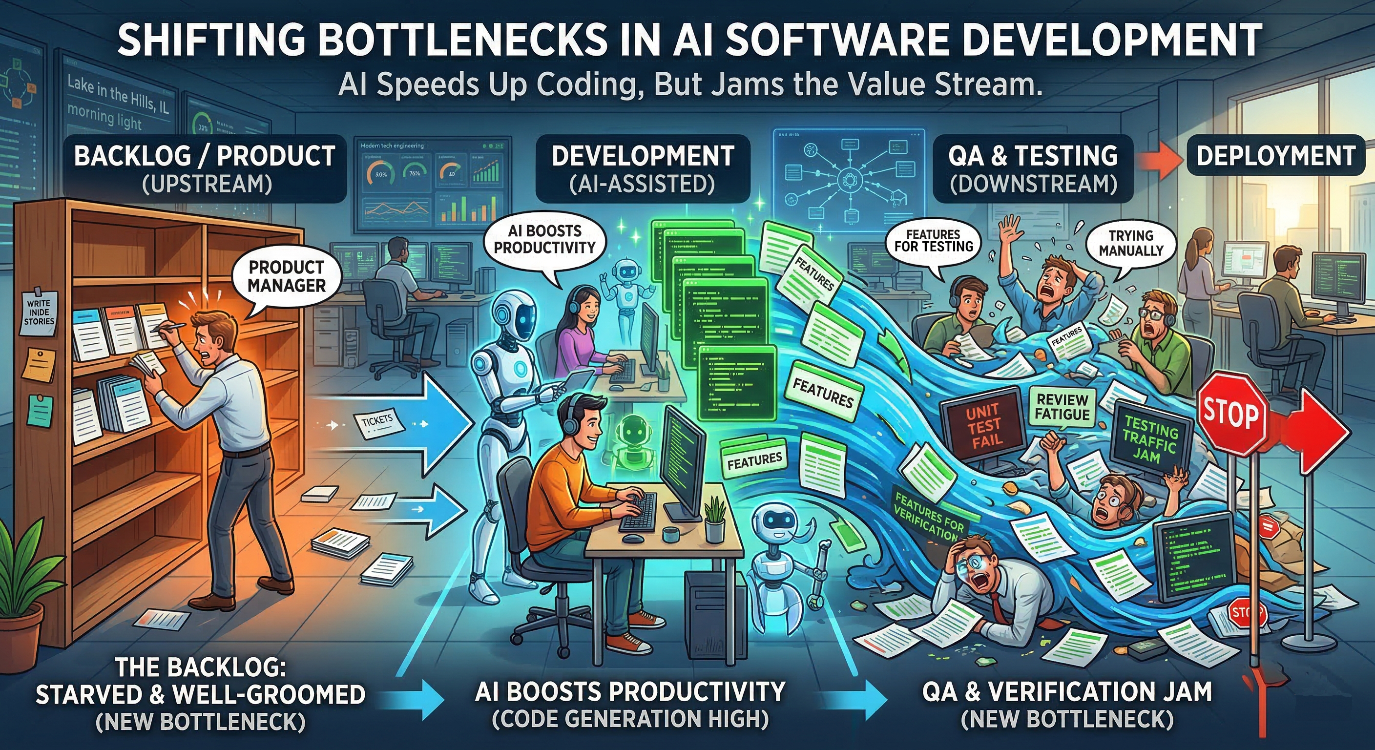 Shifting Bottlenecks in AI Software Development - AI speeds up coding but jams the value stream upstream and downstream