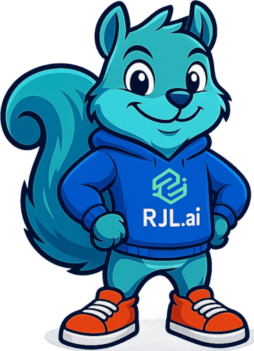 A friendly robot mascot for RJL.ai, representing the future of AI-native development.