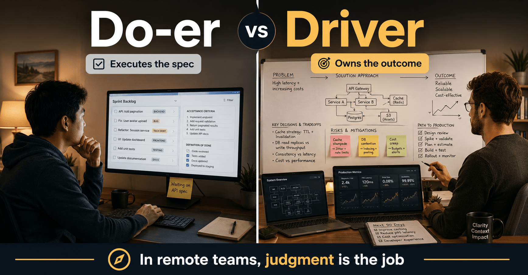 Do-er versus driver. A do-er executes the spec from a sprint backlog. A driver owns the outcome at a whiteboard of problem, solution, risks and path to production. In remote teams, judgment is the job.