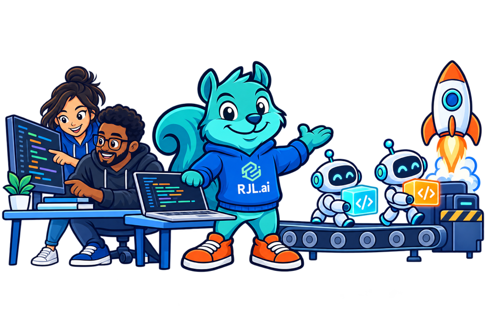 The RJL.ai squirrel mascot as player-coach between two engineers at their screens and AI agent robots carrying code along a delivery pipeline to a launching rocket